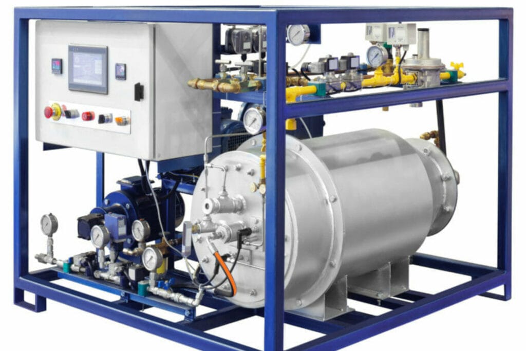 Schnelldampferzeuger in blauem Transportrahmen